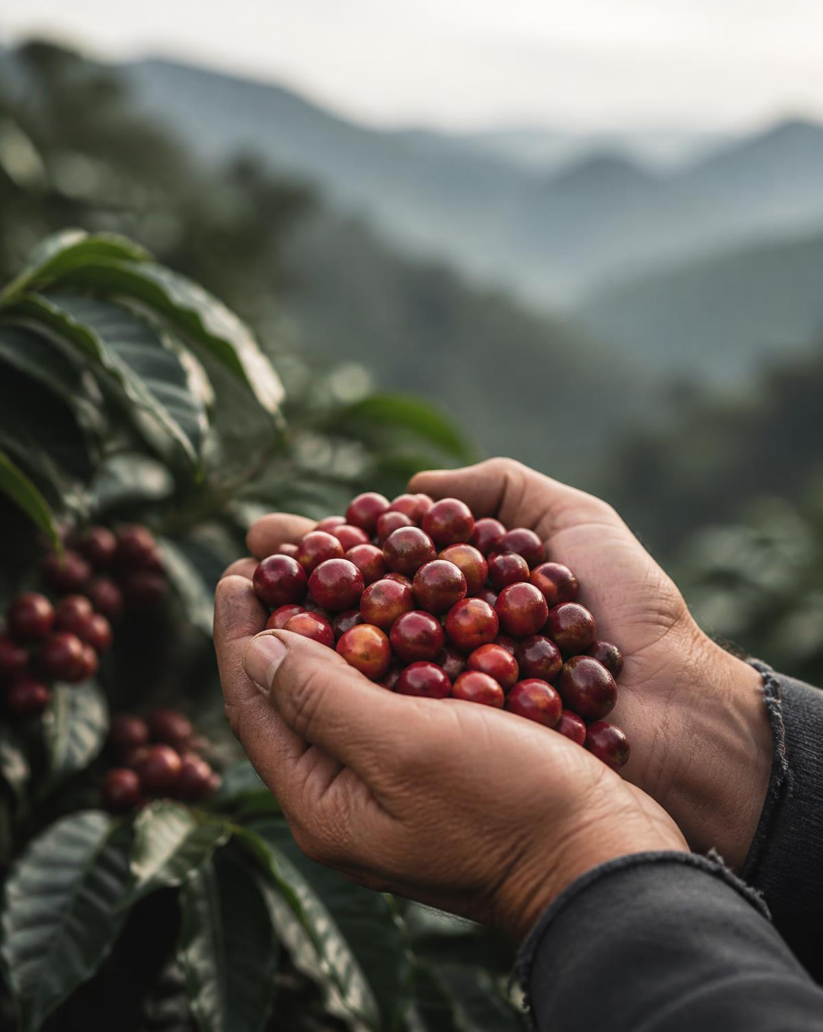 A ceramic cup of light-roast Ethiopian coffee beside scattered beans